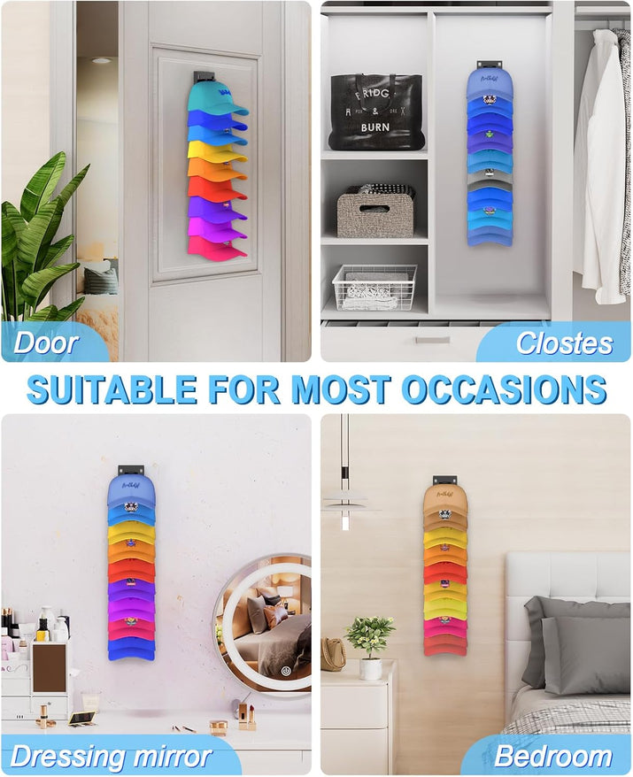 2 Pack Hat Organizer for Baseball Caps, Strong Adhesive Hat Rack for Wall, Multilayer Hat Storage Display Holder, Wall Mounted Hat Hooks Hold up to 18 Hats for Closet Door and Bedroom (Black)