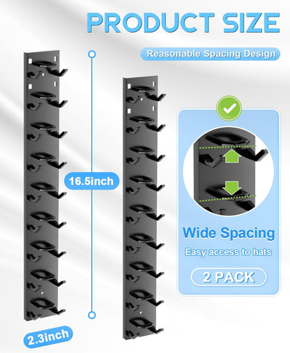 2 Pack Hat Organizer for Baseball Caps, Strong Adhesive Hat Rack for Wall, Multilayer Hat Storage Display Holder, Wall Mounted Hat Hooks Hold up to 18 Hats for Closet Door and Bedroom (Black)