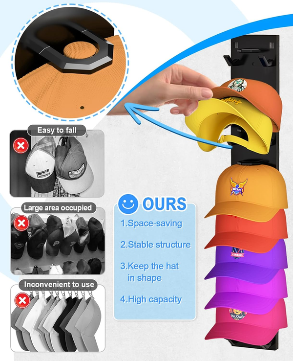 2 Pack Hat Organizer for Baseball Caps, Strong Adhesive Hat Rack for Wall, Multilayer Hat Storage Display Holder, Wall Mounted Hat Hooks Hold up to 18 Hats for Closet Door and Bedroom (Black)