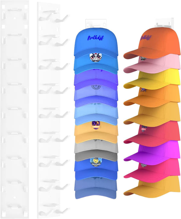 2 Pack Hat Organizer for Baseball Caps, Strong Adhesive Hat Rack for Wall, Multilayer Hat Storage Display Holder, Wall Mounted Hat Hooks Hold up to 18 Hats for Closet Door and Bedroom (Black)